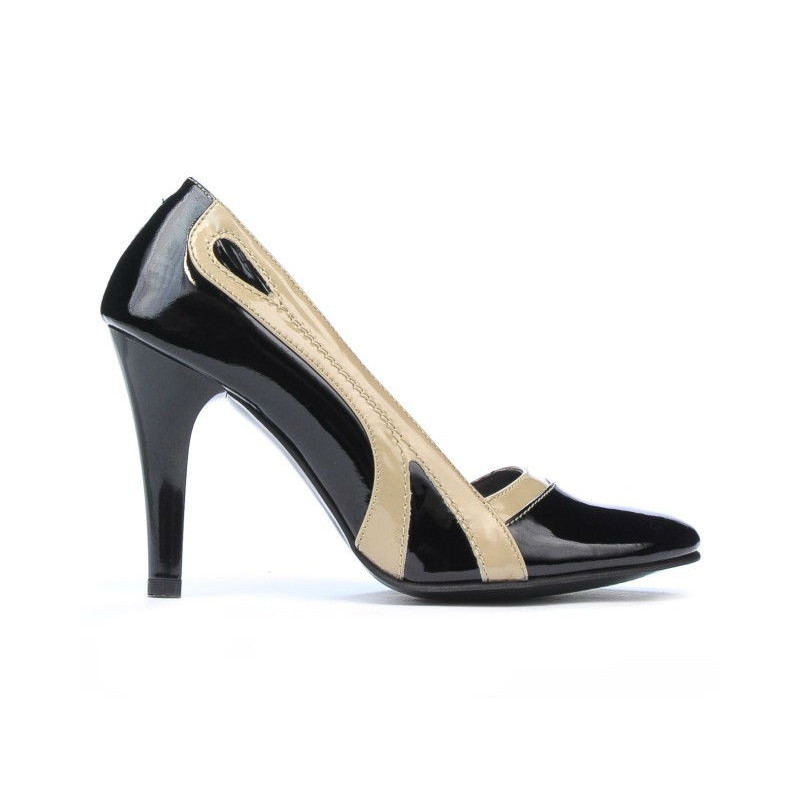 Eleganckie buty damskie 1208 lakier czarny+beżowy