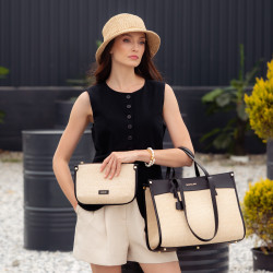 Damska torba plażowa 045g czarna napa+rafia lifestyle